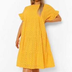 Boohoo Plus Eyelet Anglaise Tiered Midi Dress in Mustard 18